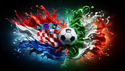 liquify country flags of Croatia and Italy splash towards each other, with a soccer ball in the middle, football EM 2024, Group phase matchday 3, Generative ai