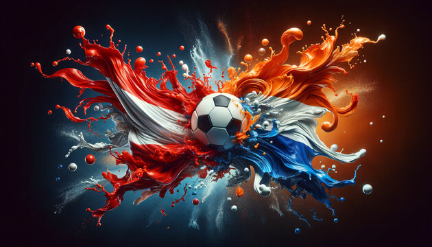 liquify country flags of Austria and Netherlands splash towards each other, with a soccer ball in the middle, football EM 2024, Group phase matchday 3, Generative ai