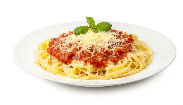 Pasta mit Tomatenso&szlig;e und K&auml;se isoliert auf wei&szlig;en Hintergrund, Freisteller 