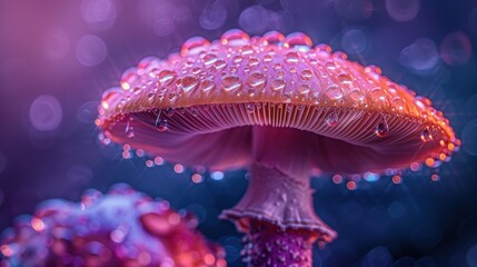 a close up of a pink mushroom with drops of water on it's top and a blurry background.