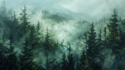 Misty Morning: The Dense Evergreen Forest of the Pacific Northwest - obrazy, fototapety, plakaty