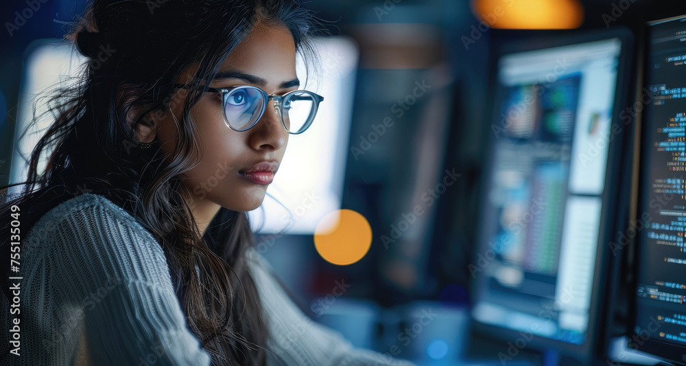Poster an indian women data analyst working on her computer. generative ai.