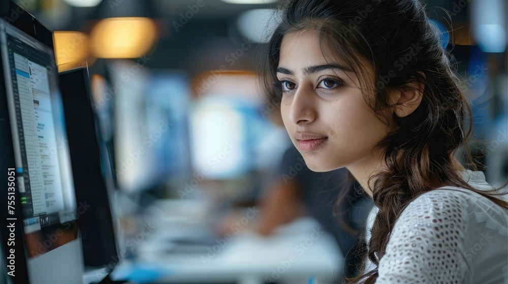 Poster an indian women data analyst working on her computer. generative ai.