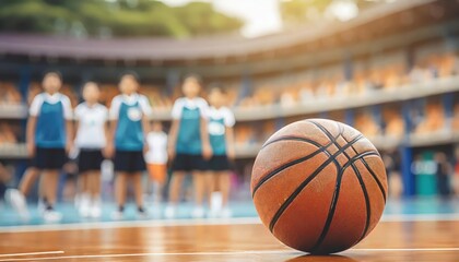 A basketball on court with a junior team with coach in a blurry background. A ball on basket