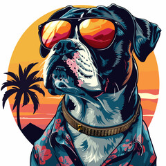 Portrait of boxer dog with sunglasses. Vector illustration in retro style