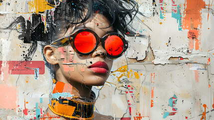 Art collage. Close up portrait of a beautiful young woman with long black curly hair, wearing stylish sunglasses, over grunge wall background
