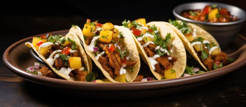 A close up of a plate of Korean tacos and Gringas on a table, showcasing the diverse ingredients and flavors of this delicious cuisine