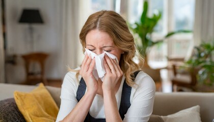 A young woman snorting at home, flu, cold, ilness, epidemy