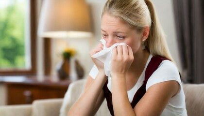 A young woman snorting at home, flu, cold, ilness, epidemy