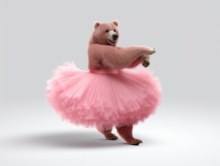 Grizzly bear in a fluffy pink ballet dress elegantly performing ballet