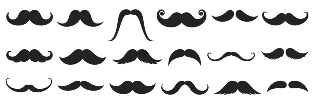 Different moustache silhouettes set. Black hipster, gentleman or barbershop symbols and retro elements. Collection of men's moustaches. Vector illustration on white background.