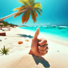 hand sticking out of the sand beach and thumbs up beach palm bokeh vacation background. ai generative