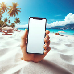 hand sticking out of the sand beach and holding a phone with a mockup white screen on beach palm. ai generative