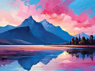 Photo sur Plexiglas Rose clair Scenic nature view painting. Beautiful landscape mountain art.