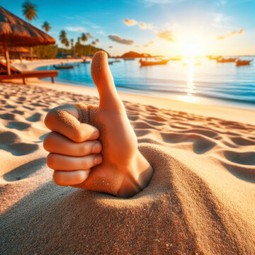 hand sticking out of the sand beach and thumbs up beach palm bokeh vacation background. ai generative