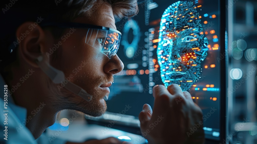 Poster man scientist is working on the pc with a artificial intelligence on the screen. generative ai.