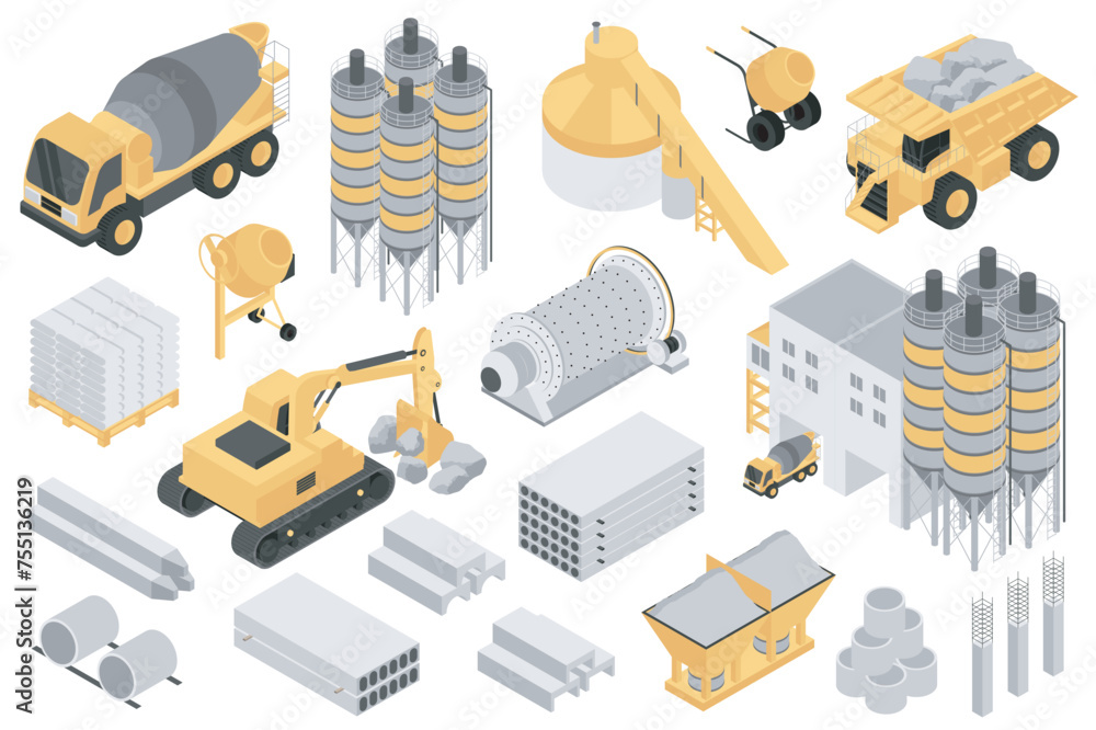 Poster Cement manufacturing isometric elements constructor mega set. Creator kit with flat graphic concrete mixers, machinery, slabs, blocks pile, factory buildings. Vector illustration in 3d isometry design