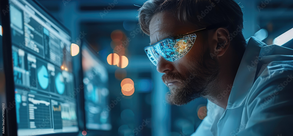 Poster man scientist is working on the pc with a artificial intelligence on the screen. generative ai.