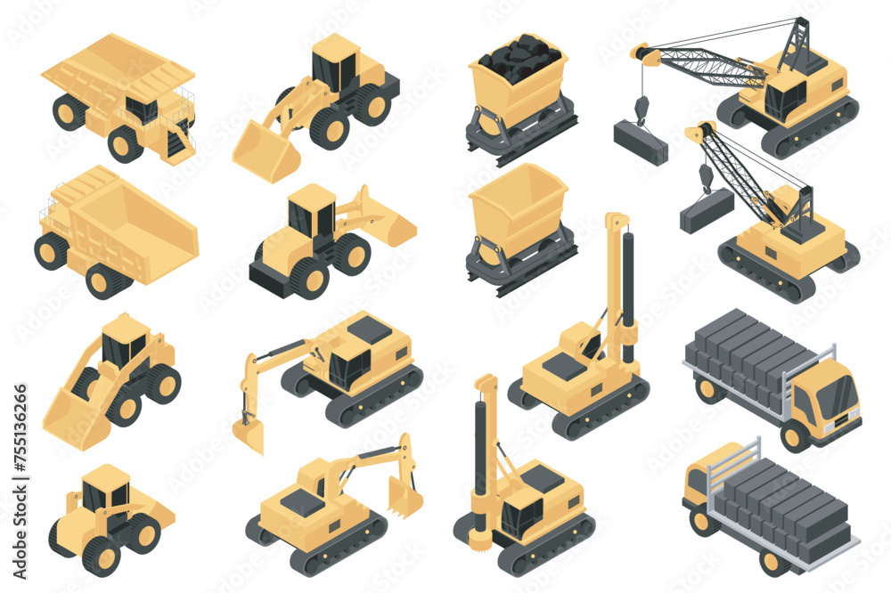 Poster construction equipment isometric elements constructor mega set. creator kit with flat graphic concre