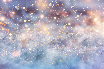 A texture of a snow with flakes, crystals, and glitter