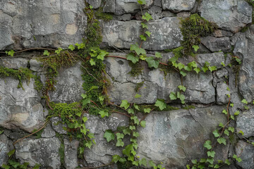 A texture of a stone wall with moss, vines, and cracks