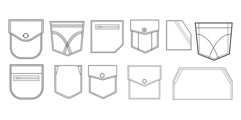  Simple icons. Pocket shapes. Textile sew clothe pockets, casual style template