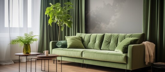 A spacious living room featuring a green couch, two tables, wooden floor, and grey drapes by the window. The room is well-lit and inviting.