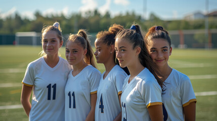 Team soccer girls standing shoulder to shoulder on an outdoor field. Generative AI.