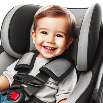 Cheerful child in a car seat isolated on solid white background copy space. ai generative