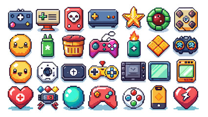 Pixel game icon. Retro video games element, arcade UI button, digital console 8-bit interface, pixels heart, bomb, star, menu buttons controller item. Vector set