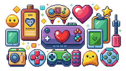 Pixel game icon. Retro video games element, arcade UI button, digital console 8-bit interface, pixels heart, bomb, star, menu buttons controller item. Vector set