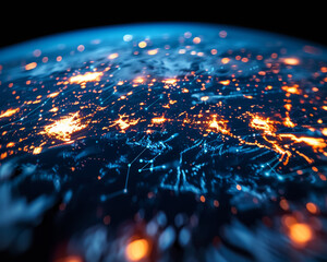 A high-tech image illustrating a global network with interlinked nodes and data points representing international connectivity.