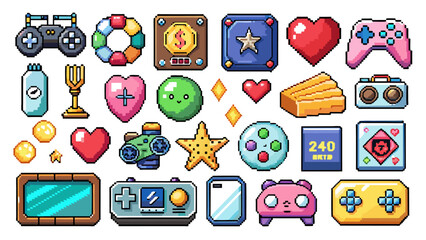 Pixel game icon. Retro video games element, arcade UI button, digital console 8-bit interface, pixels heart, bomb, star, menu buttons controller item. Vector set © Deecurve