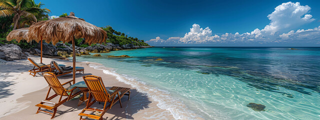 chairs and umbrella on stunning tropical beach in Tulum, Mexico - obrazy, fototapety, plakaty