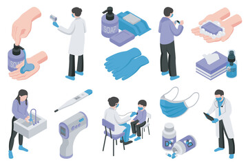Medical isometric elements constructor mega set. Creator kit with flat graphic washing hands, soap, thermometers, gloves, sanitizers, masks, treatment pills. Vector illustration in 3d isometry design