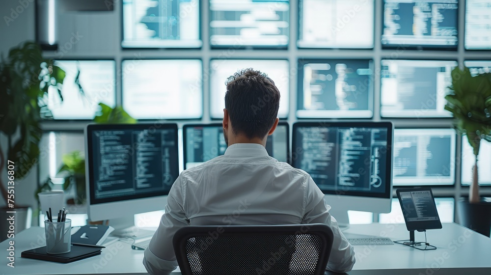 Poster A man performing the role of a Cyber Security Officer, deeply engaged in cybersecurity tasks in an office. Generative AI.