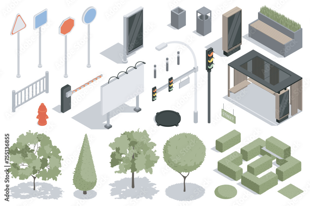 Aufkleber urban infrastructure isometric elements constructor mega set. creator kit with flat graphic signpost