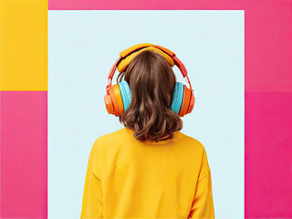 Illustration of a teenager enjoying music from headphones. Retro art style. Nostalgic mood.
