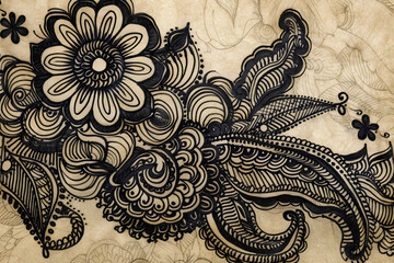 A pattern of mehndi with intricate designs of flowers, leaves, and paisleys on a hand or a foot