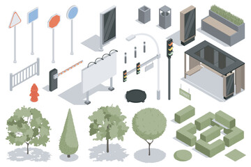 Urban infrastructure isometric elements constructor mega set. Creator kit with flat graphic signposts, banners, fences, lanterns, traffic lights, park trees. Vector illustration in 3d isometry design