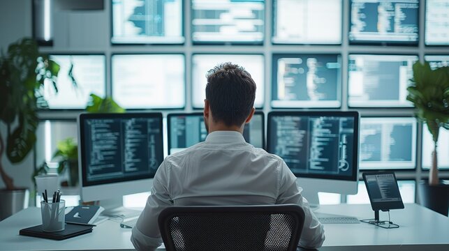 A man performing the role of a Cyber Security Officer, deeply engaged in cybersecurity tasks in an office. Generative AI.