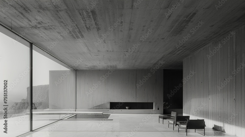 Poster a minimalist craft house with a fa? section ade covered in smooth concrete panels, punctuated by lar