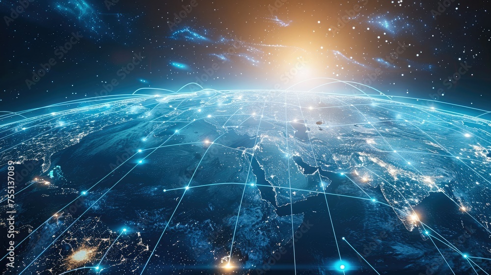Poster Digital world globe concept of global network and connectivity on earth high speed data transfer and cyber technology information exchange and international telecommunication. Generative AI.