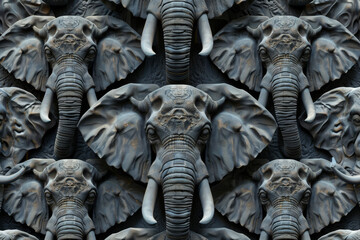 A pattern of elephant with trunks, ears, and tusks of the majestic animal in a parade or a statue