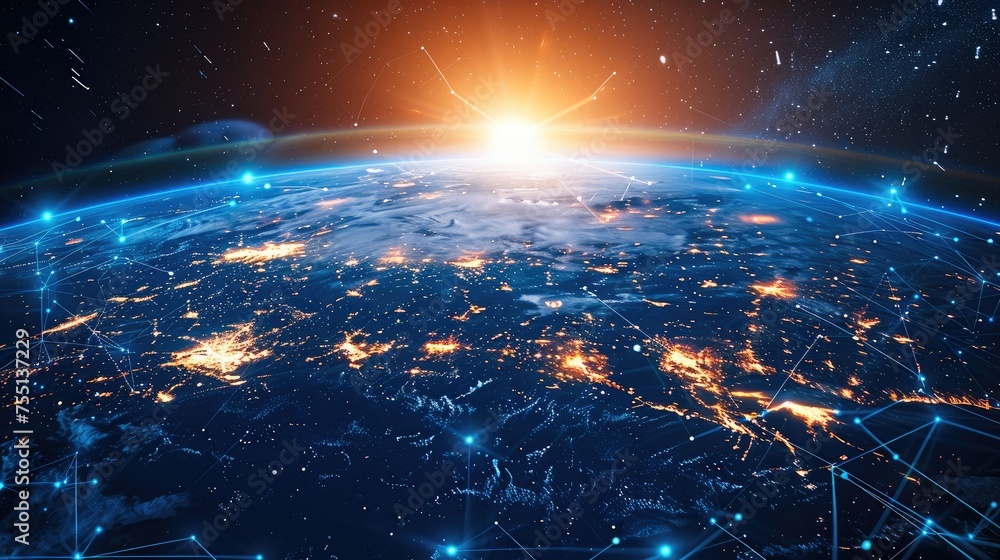 Poster digital world globe concept of global network and connectivity on earth high speed data transfer and