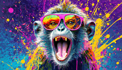 Vibrant pop art style portrait of a monkey wearing sunglasses with mouth open and paint splattering effect. AI generated wallpaper. - obrazy, fototapety, plakaty