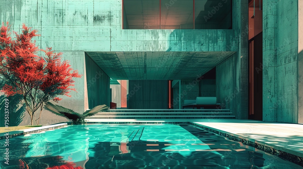 Poster a modern craft house with a bold color scheme of teal and coral, accented by geometric patterns etch