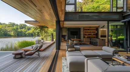 A riverside craft house with a cantilevered deck and sleek, modern interiors. - obrazy, fototapety, plakaty