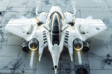 A bird's eye view of a spaceship with engines, wings, and a cockpit