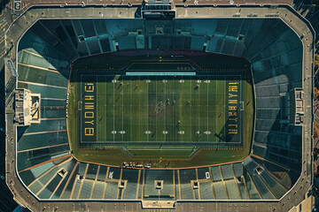 A bird's eye view of a stadium with seats, a field, and a scoreboard